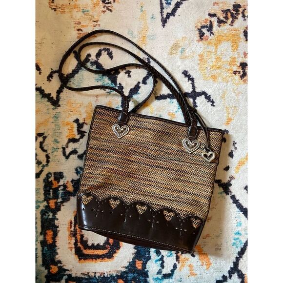 Vintage 90s Brighton Caroline Brown Leather & Tweed Bucket Bag hearts hardware - Picture 1 of 5